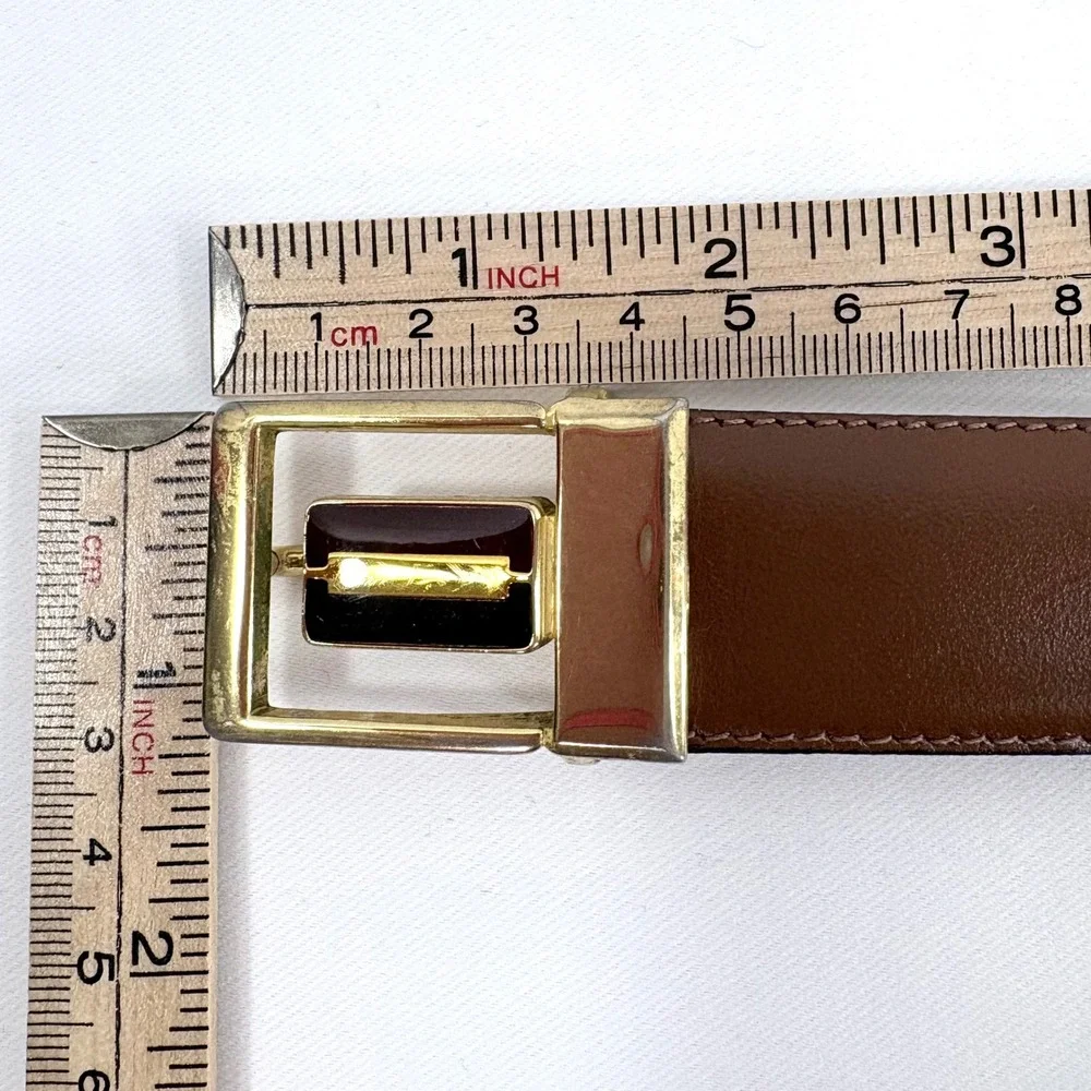 Leather Belt Brown Gold Enamel Buckle Made in France Size Women 31-35